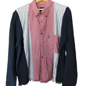 Upcycled Mixed Print Button-Down Shirt, Spliced Plaid & Striped Top Size M-L